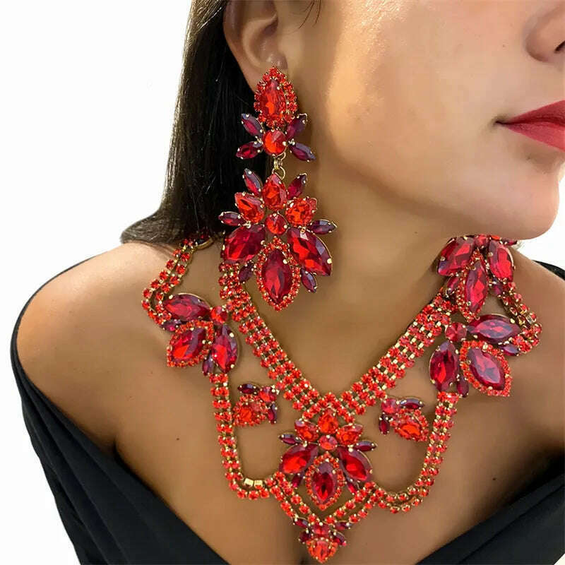 KIMLUD, Hot selling rhinestone necklace set, exaggerated earrings in Europe and America, dress, versatile jewelry, KIMLUD Women's Clothes