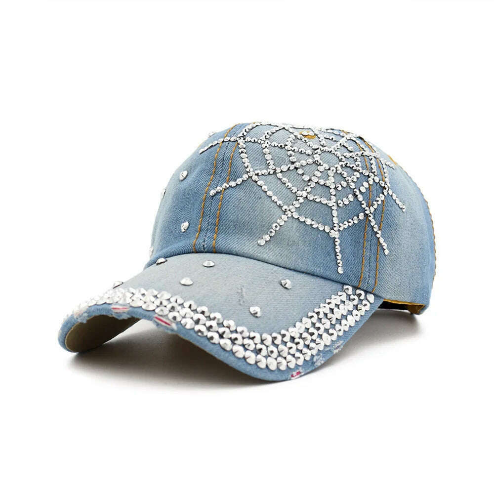 KIMLUD, Hot Wholesale 2018 Spring Summer Autumn Popular Women Girl Woman Denim Snapback Cap Rhinestone Cross Fitted Baseball Caps Hats, baby blue / m 56 58cm, KIMLUD Womens Clothes