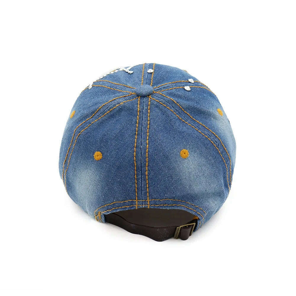 KIMLUD, Hot Wholesale 2018 Spring Summer Autumn Popular Women Girl Woman Denim Snapback Cap Rhinestone Cross Fitted Baseball Caps Hats, KIMLUD Womens Clothes