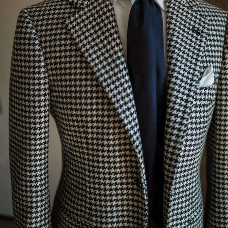 Houndstooth Business Blazer for Men 2023 Plaid Notched Lapel Suit Jacket Formal Male Fashion Coat - KIMLUD