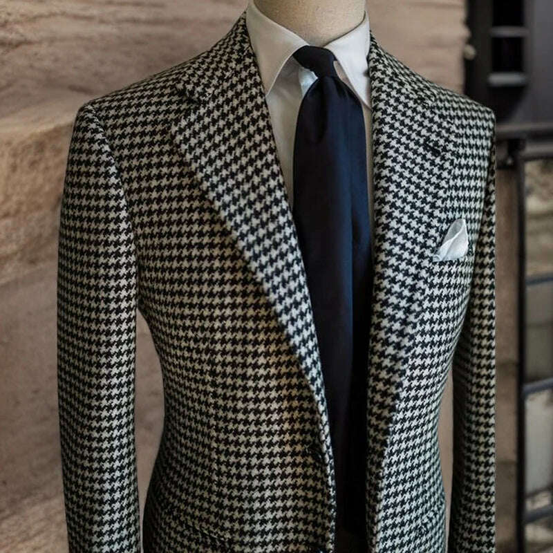 Houndstooth Business Blazer for Men 2023 Plaid Notched Lapel Suit Jacket Formal Male Fashion Coat - KIMLUD