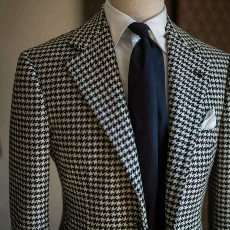 Houndstooth Business Blazer for Men 2023 Plaid Notched Lapel Suit Jacket Formal Male Fashion Coat - KIMLUD