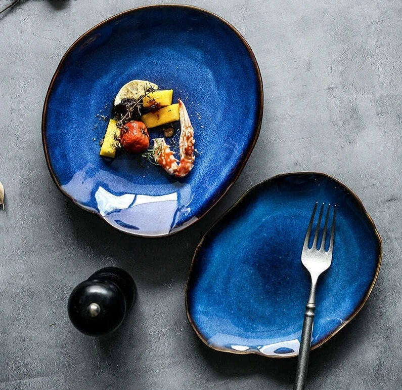 Household Ceramic Dinner Plate European Style Blue Glaze Salad Bowl Irregular Tableware Western Dinner Plate/kitchen Supplies - KIMLUD