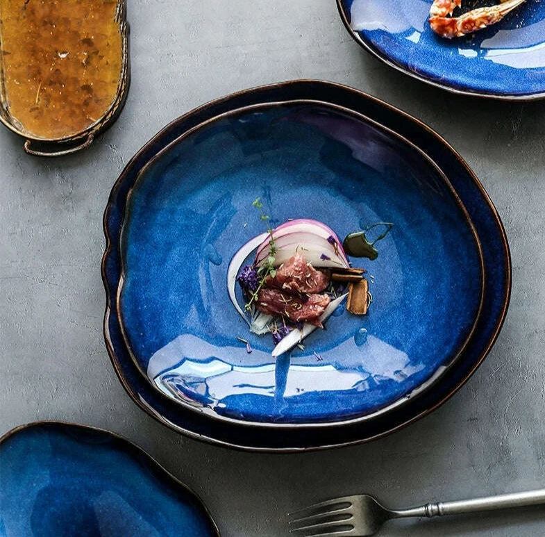 Household Ceramic Dinner Plate European Style Blue Glaze Salad Bowl Irregular Tableware Western Dinner Plate/kitchen Supplies - KIMLUD