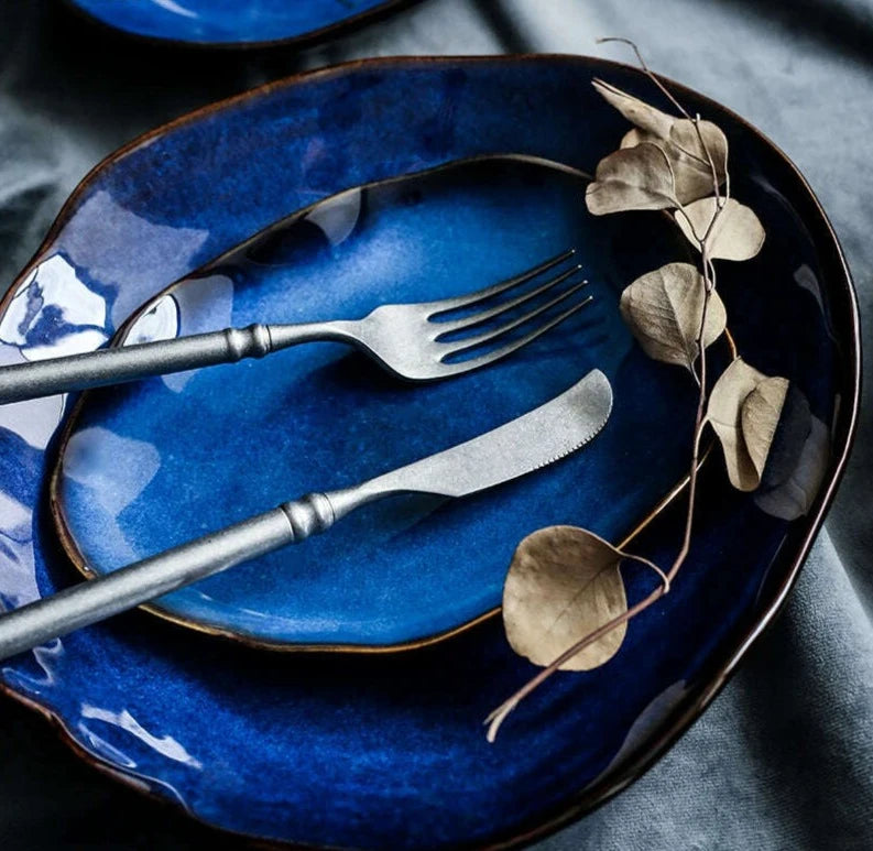Household Ceramic Dinner Plate European Style Blue Glaze Salad Bowl Irregular Tableware Western Dinner Plate/kitchen Supplies - KIMLUD