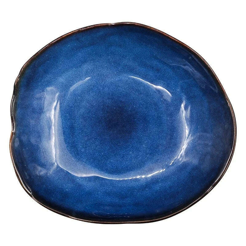 Household Ceramic Dinner Plate European Style Blue Glaze Salad Bowl Irregular Tableware Western Dinner Plate/kitchen Supplies - KIMLUD