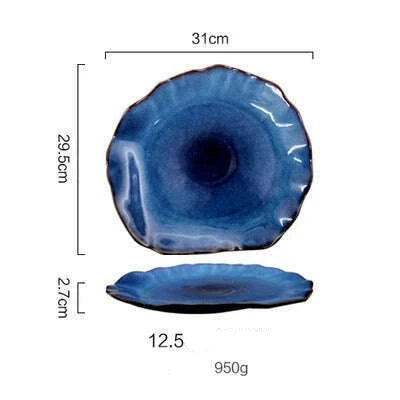 Household Ceramic Dinner Plate European Style Blue Glaze Salad Bowl Irregular Tableware Western Dinner Plate/kitchen Supplies - KIMLUD