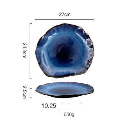 Household Ceramic Dinner Plate European Style Blue Glaze Salad Bowl Irregular Tableware Western Dinner Plate/kitchen Supplies - KIMLUD