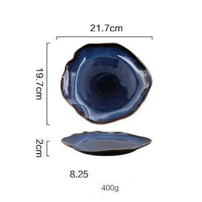 Household Ceramic Dinner Plate European Style Blue Glaze Salad Bowl Irregular Tableware Western Dinner Plate/kitchen Supplies - KIMLUD