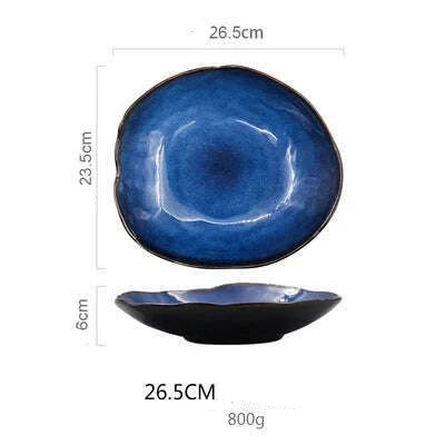 KIMLUD, Household Ceramic Dinner Plate European Style Blue Glaze Salad Bowl Irregular Tableware Western Dinner Plate/kitchen Supplies, 1pcs- 26.5cm, KIMLUD Womens Clothes