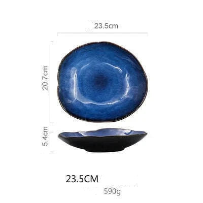 Household Ceramic Dinner Plate European Style Blue Glaze Salad Bowl Irregular Tableware Western Dinner Plate/kitchen Supplies - KIMLUD