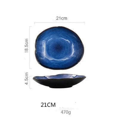 Household Ceramic Dinner Plate European Style Blue Glaze Salad Bowl Irregular Tableware Western Dinner Plate/kitchen Supplies - KIMLUD