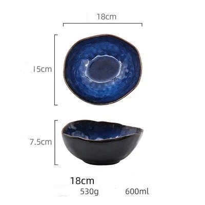 KIMLUD, Household Ceramic Dinner Plate European Style Blue Glaze Salad Bowl Irregular Tableware Western Dinner Plate/kitchen Supplies, 1pcs- 18cm, KIMLUD Womens Clothes