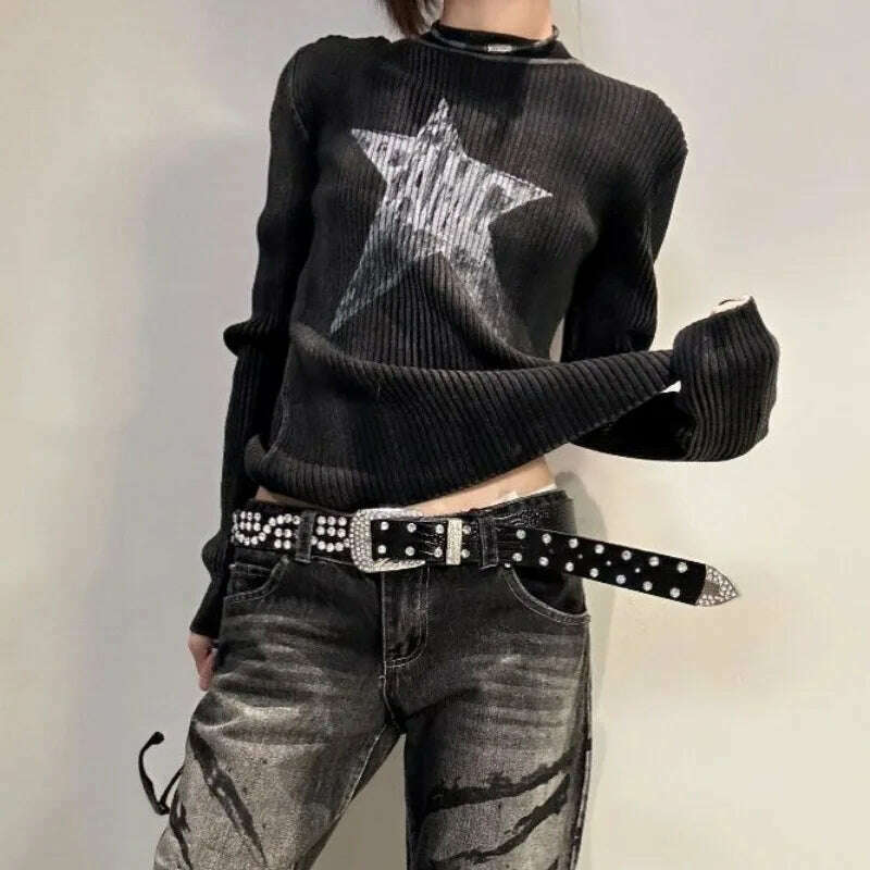 KIMLUD, HOUZHOU Gothic Black Star Sweater Women Grunge Autumn Y2k Vintage O-neck Knitted Pullover Goth Short Jumper Kpop Korean Fashion, Black / S, KIMLUD APPAREL - Womens Clothes