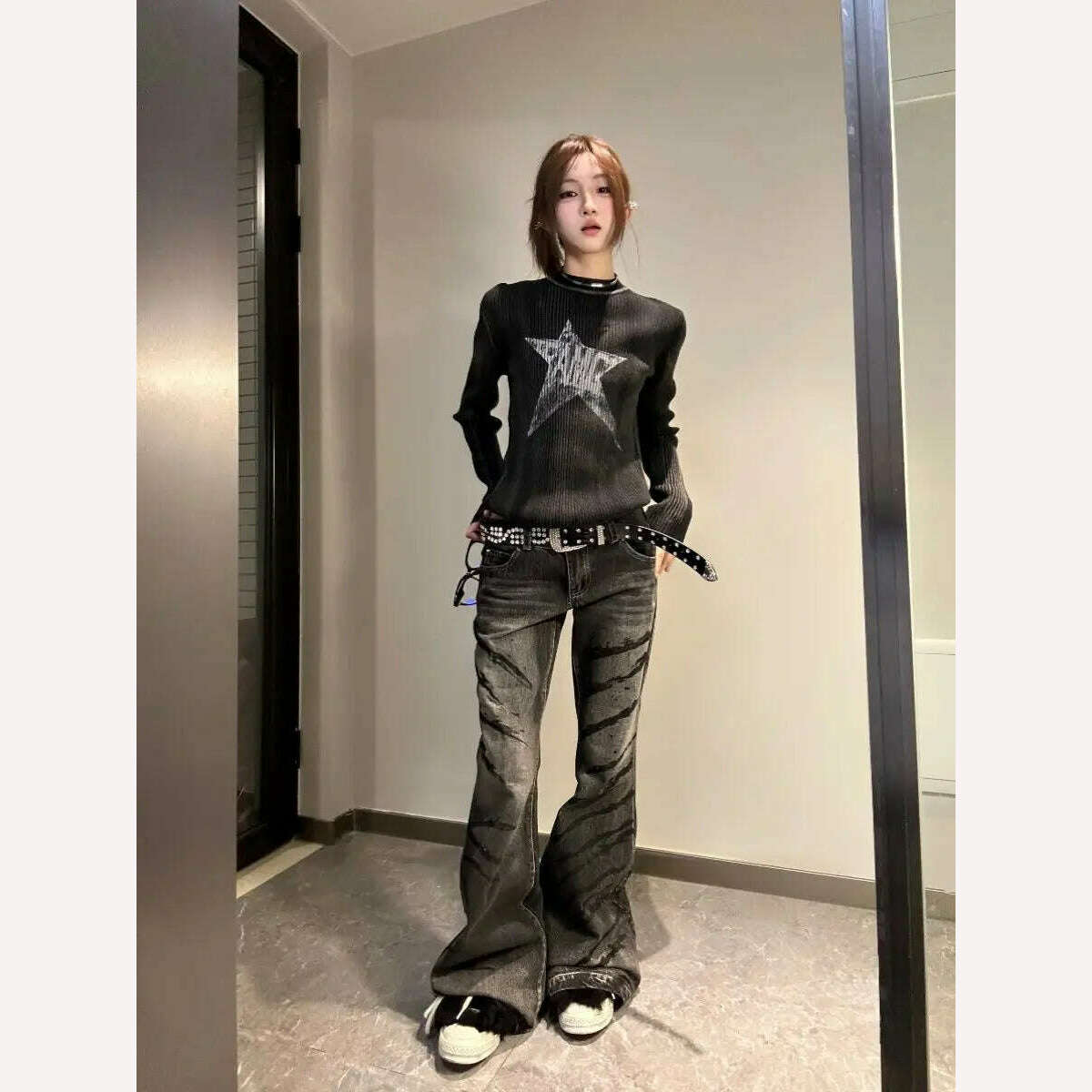 KIMLUD, HOUZHOU Gothic Black Star Sweater Women Grunge Autumn Y2k Vintage O-neck Knitted Pullover Goth Short Jumper Kpop Korean Fashion, KIMLUD Womens Clothes