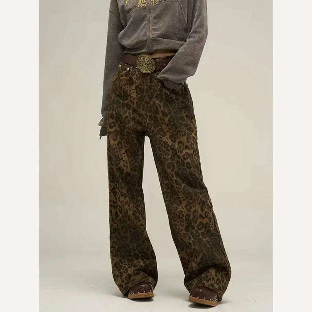 KIMLUD, HOUZHOU Tan Leopard Jeans Women Denim Pants Female Oversize Wide Leg Trousers Streetwear Hip Hop Vintage Clothes Loose Casual, Leopard / S, KIMLUD Womens Clothes