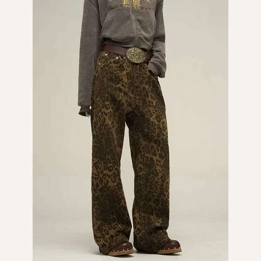 KIMLUD, HOUZHOU Tan Leopard Jeans Women Denim Pants Female Oversize Wide Leg Trousers Streetwear Hip Hop Vintage Clothes Loose Casual, KIMLUD Womens Clothes