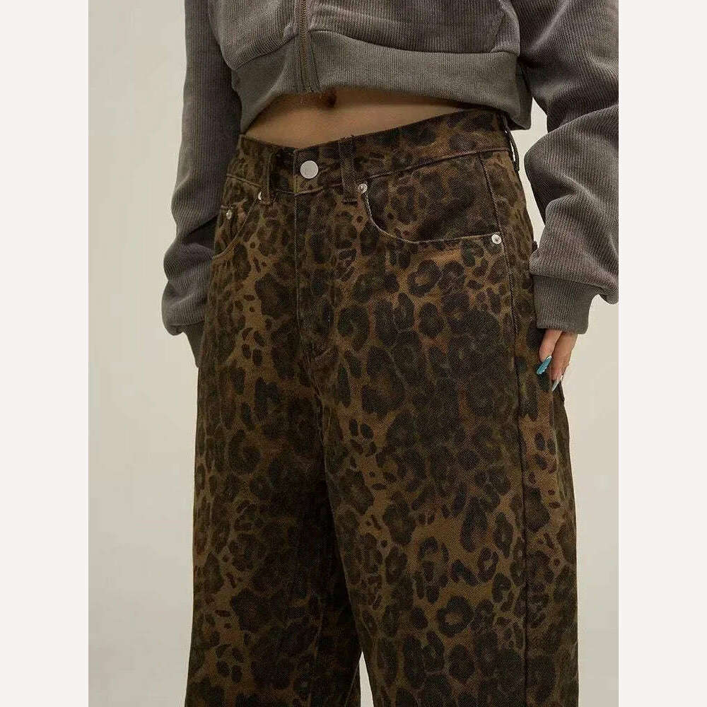 KIMLUD, HOUZHOU Tan Leopard Jeans Women Denim Pants Female Oversize Wide Leg Trousers Streetwear Hip Hop Vintage Clothes Loose Casual, KIMLUD Womens Clothes