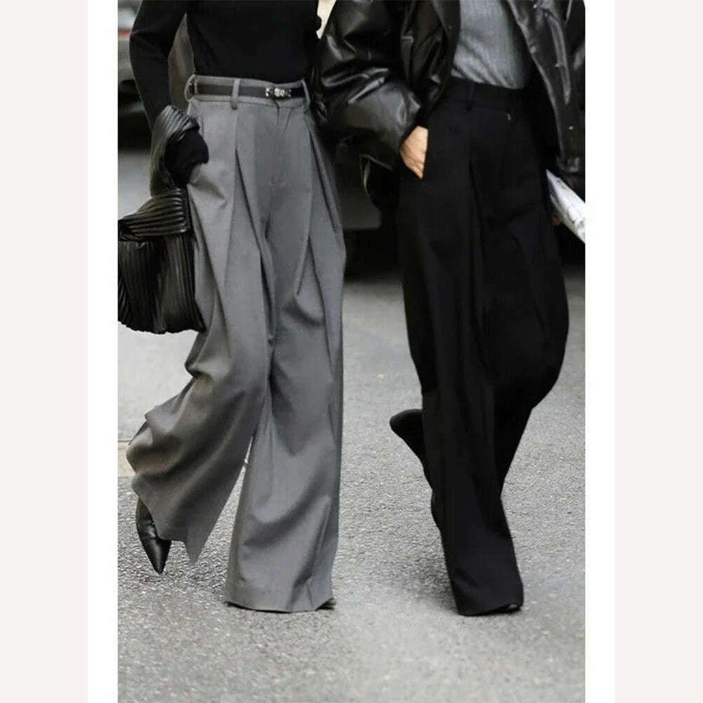 KIMLUD, HOUZHOU Wide Leg Suit Pants Women Old Money Style Korean Fashion Baggy Pleated Trousers Female Office Wear Elegant Gray Pants, KIMLUD Womens Clothes