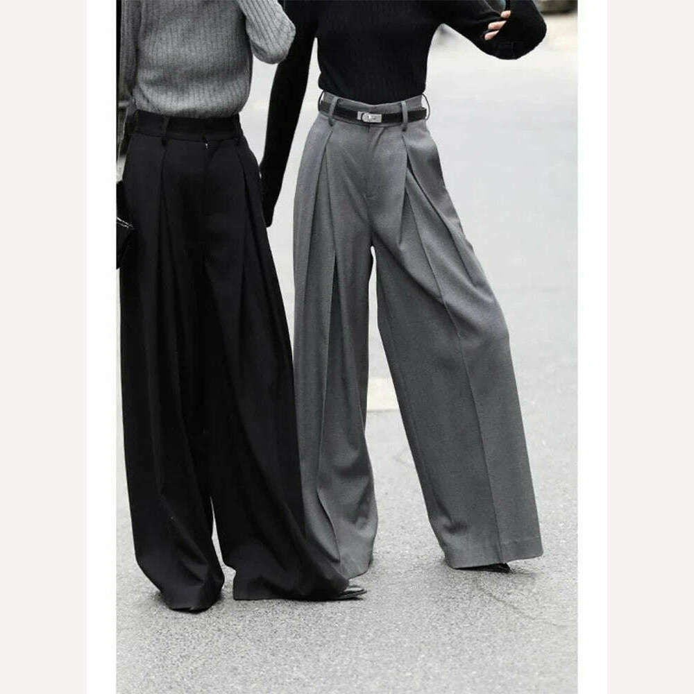 KIMLUD, HOUZHOU Wide Leg Suit Pants Women Old Money Style Korean Fashion Baggy Pleated Trousers Female Office Wear Elegant Gray Pants, KIMLUD Womens Clothes