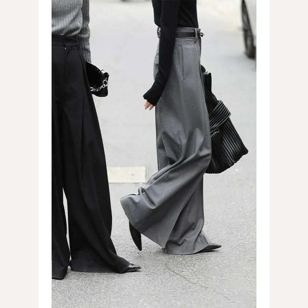 KIMLUD, HOUZHOU Wide Leg Suit Pants Women Old Money Style Korean Fashion Baggy Pleated Trousers Female Office Wear Elegant Gray Pants, KIMLUD Womens Clothes