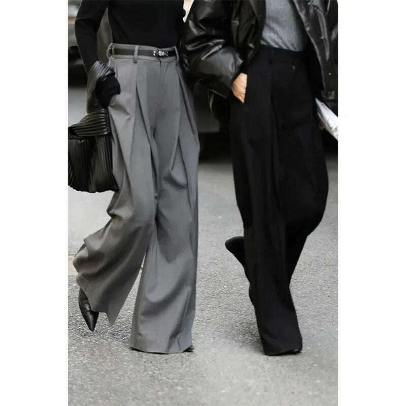 KIMLUD, HOUZHOU Wide Leg Suit Pants Women Old Money Style Korean Fashion Baggy Pleated Trousers Female Office Wear Elegant Gray Pants, Gray / S, KIMLUD APPAREL - Womens Clothes