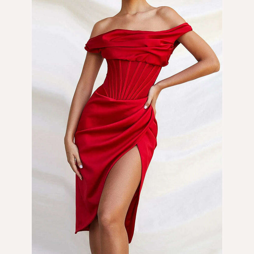 KIMLUD, HOVON Ruched Off Shoulder Party Corset Dress Boned Split Backless Sexy Bodycon Ladies Dresses 2021 Summer Night Club Midi Dress, Red 1 / S, KIMLUD Women's Clothes
