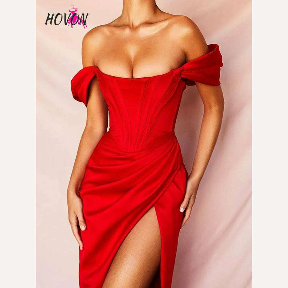 KIMLUD, HOVON Ruched Off Shoulder Party Corset Dress Boned Split Backless Sexy Bodycon Ladies Dresses 2021 Summer Night Club Midi Dress, KIMLUD Womens Clothes