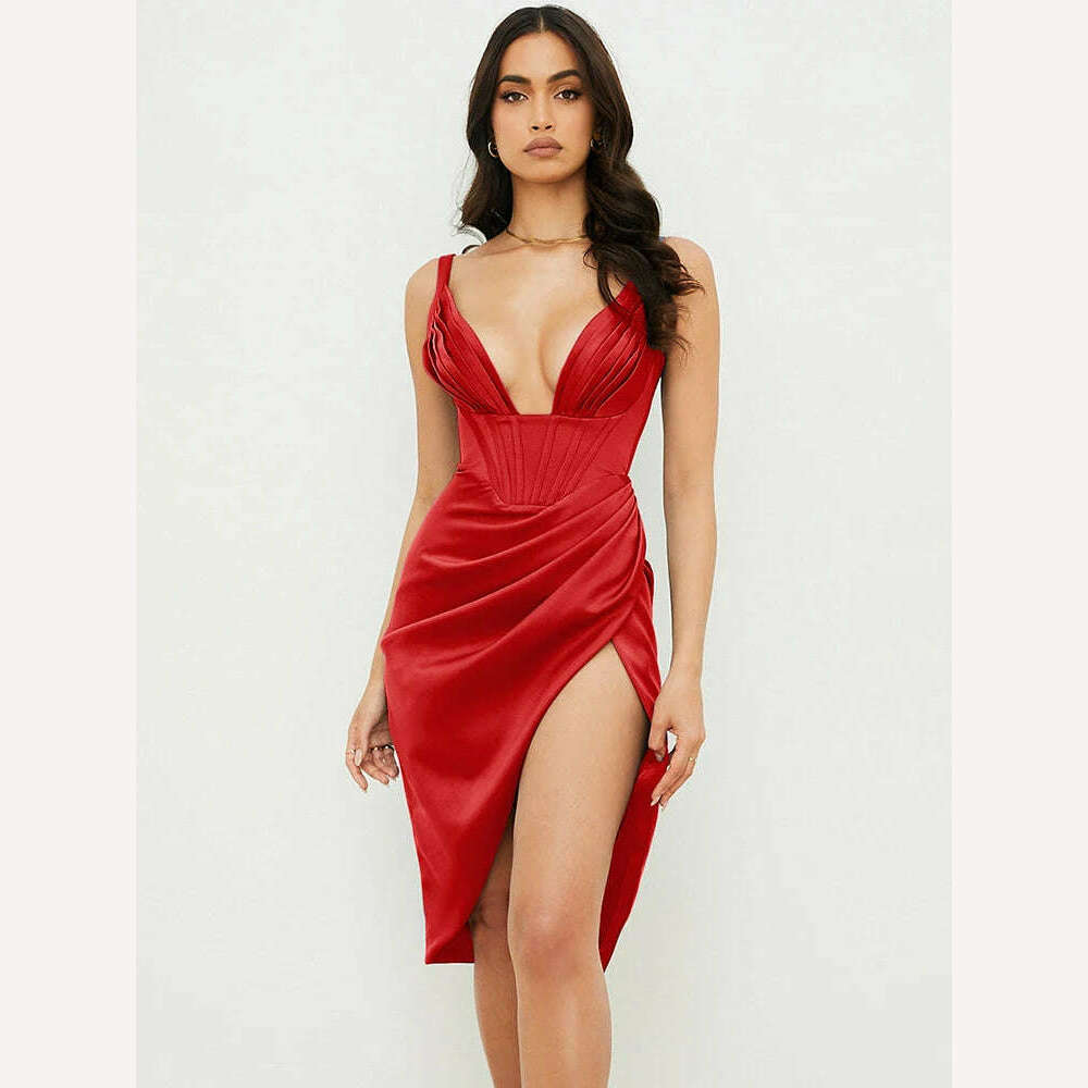 KIMLUD, HOVON Ruched Off Shoulder Party Corset Dress Boned Split Backless Sexy Bodycon Ladies Dresses 2021 Summer Night Club Midi Dress, Red 2 / S, KIMLUD Women's Clothes