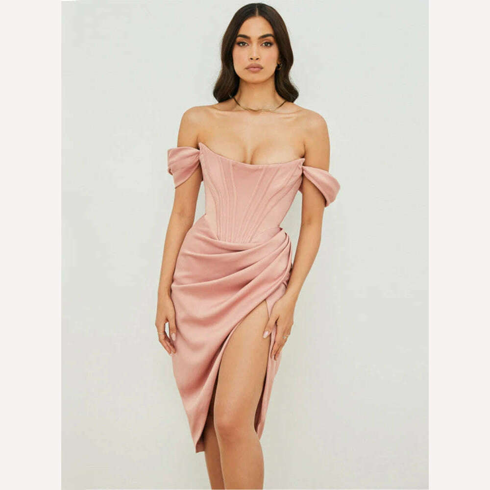 KIMLUD, HOVON Ruched Off Shoulder Party Corset Dress Boned Split Backless Sexy Bodycon Ladies Dresses 2021 Summer Night Club Midi Dress, Pink / S, KIMLUD Womens Clothes