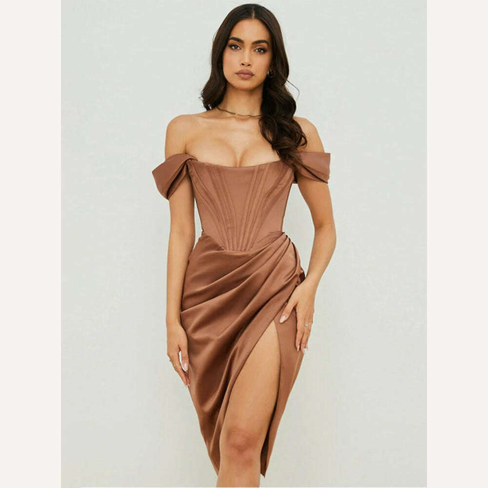 KIMLUD, HOVON Ruched Off Shoulder Party Corset Dress Boned Split Backless Sexy Bodycon Ladies Dresses 2021 Summer Night Club Midi Dress, Brown / S, KIMLUD Womens Clothes