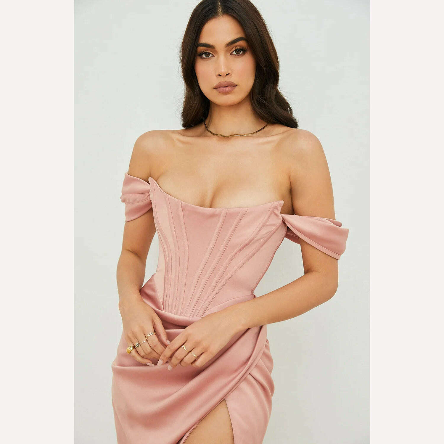 KIMLUD, HOVON Ruched Off Shoulder Party Corset Dress Boned Split Backless Sexy Bodycon Ladies Dresses 2021 Summer Night Club Midi Dress, KIMLUD Women's Clothes