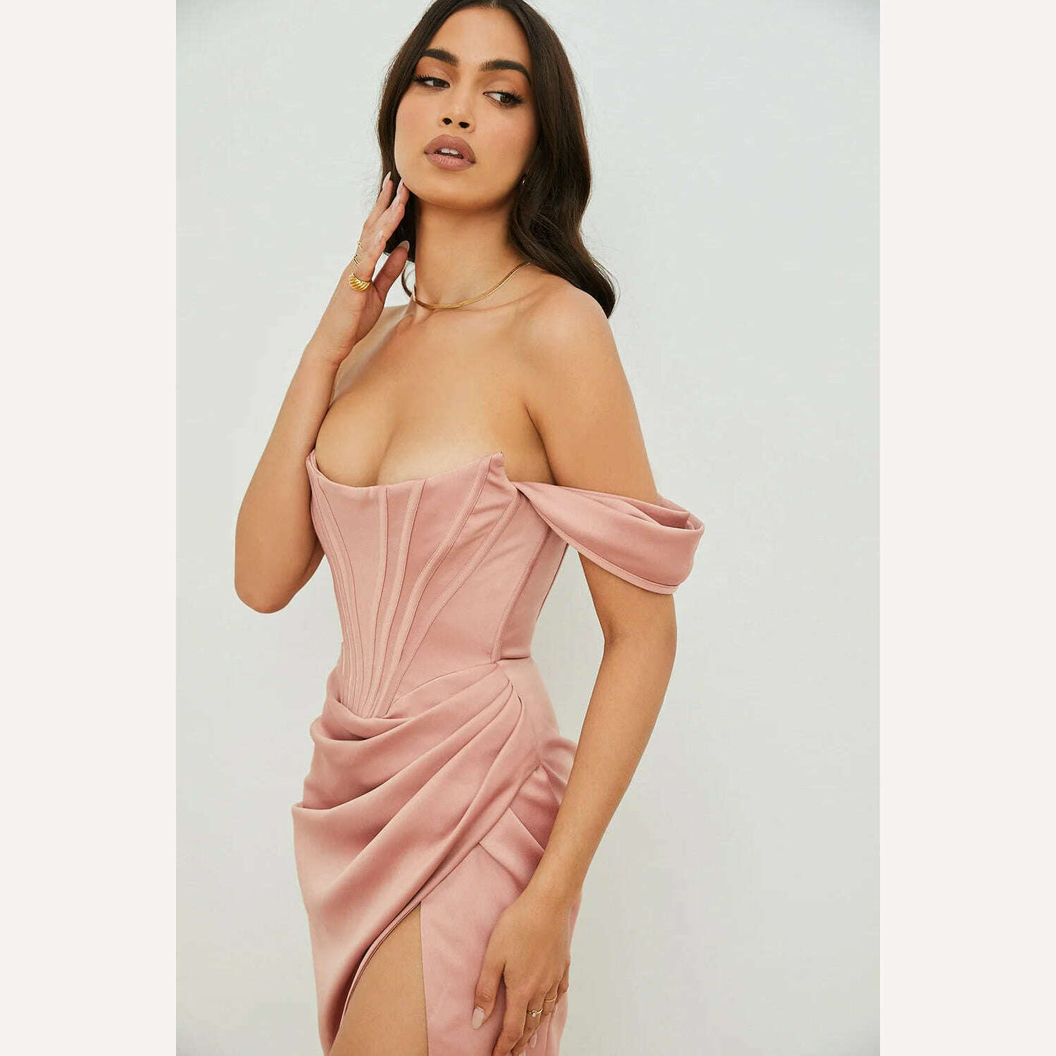 KIMLUD, HOVON Ruched Off Shoulder Party Corset Dress Boned Split Backless Sexy Bodycon Ladies Dresses 2021 Summer Night Club Midi Dress, KIMLUD Women's Clothes