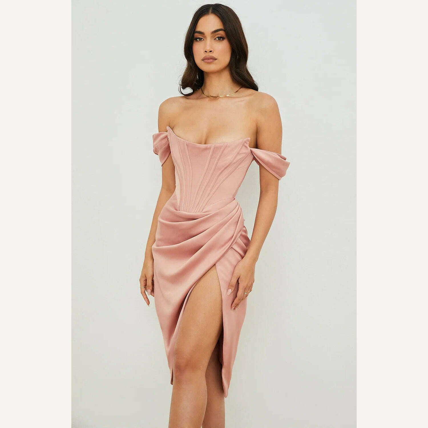 KIMLUD, HOVON Ruched Off Shoulder Party Corset Dress Boned Split Backless Sexy Bodycon Ladies Dresses 2021 Summer Night Club Midi Dress, KIMLUD Womens Clothes
