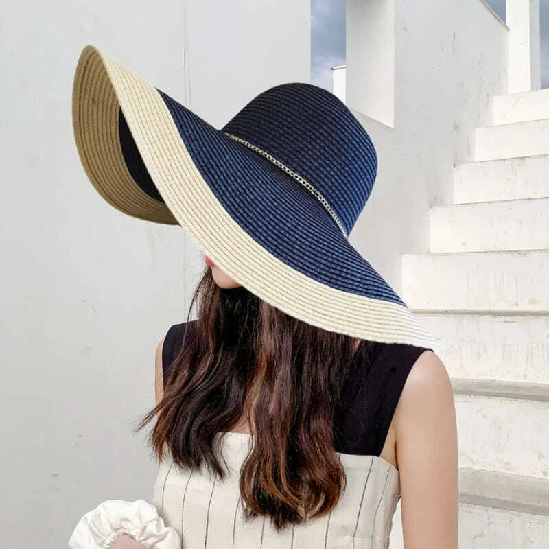 HT3547 Summer Hat Women Large Wide Brim Beach Hat Lady Patchwork Packable Straw Hat Female Fashion Anti-UV Beach Cap Panama Hat