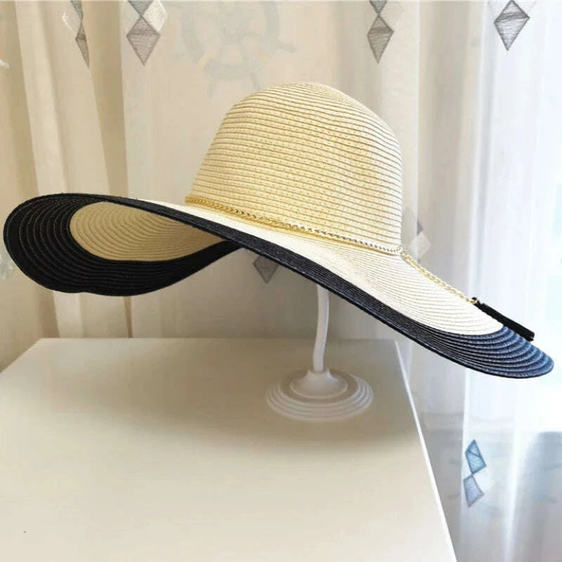 HT3547 Summer Hat Women Large Wide Brim Beach Hat Lady Patchwork Packable Straw Hat Female Fashion Anti-UV Beach Cap Panama Hat