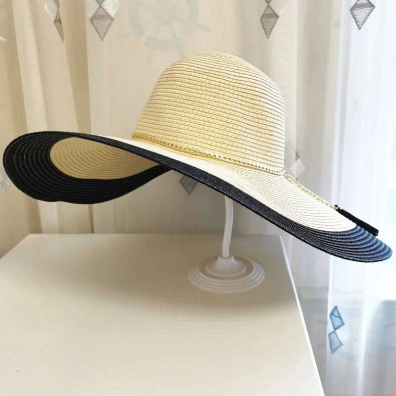 HT3547 Summer Hat Women Large Wide Brim Beach Hat Lady Patchwork Packable Straw Hat Female Fashion Anti-UV Beach Cap Panama Hat