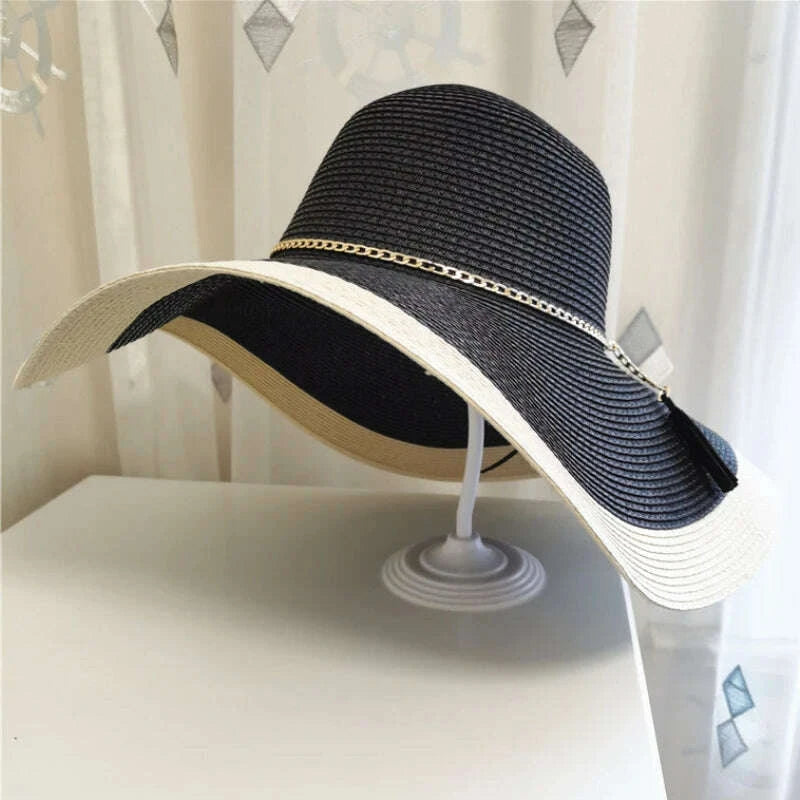 HT3547 Summer Hat Women Large Wide Brim Beach Hat Lady Patchwork Packable Straw Hat Female Fashion Anti-UV Beach Cap Panama Hat
