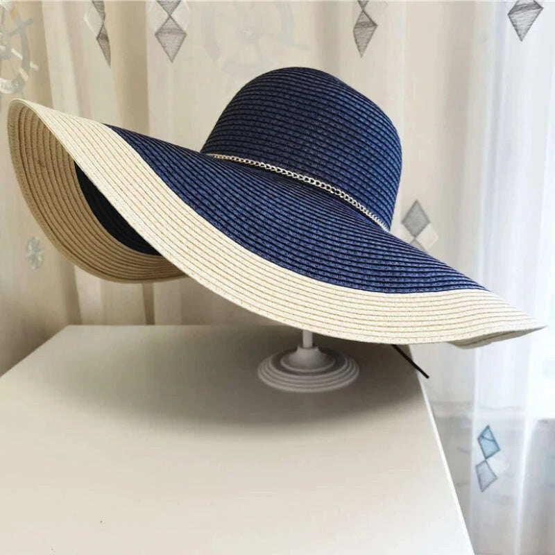 HT3547 Summer Hat Women Large Wide Brim Beach Hat Lady Patchwork Packable Straw Hat Female Fashion Anti-UV Beach Cap Panama Hat
