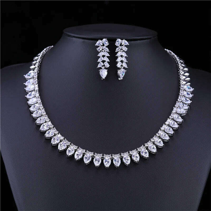 HUAMI Classic Earrings Necklace Sets Bridal Jewelry Wedding Round Chain Leaf Necklace Fashion Joyeria Fina Para Mujer Gift, KIMLUD Women's Clothes