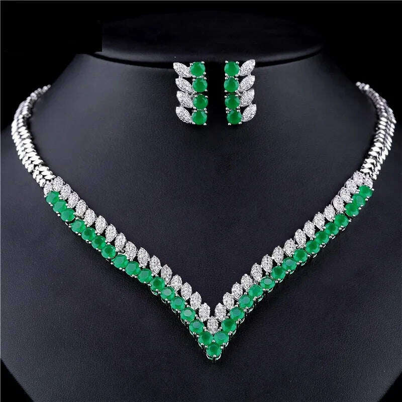 KIMLUD, HUAMI Fine Jewelry Sets White Green Gold Earrings and Necklace for Women Wedding Engaged Banquet High Quality Jewelry Lady, White Green, KIMLUD APPAREL - Womens Clothes