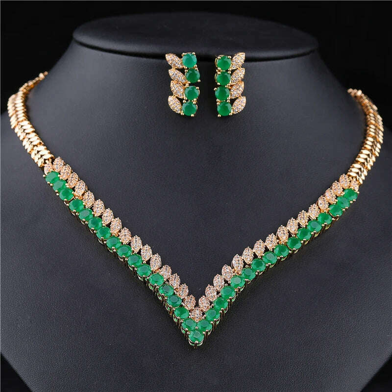 KIMLUD, HUAMI Fine Jewelry Sets White Green Gold Earrings and Necklace for Women Wedding Engaged Banquet High Quality Jewelry Lady, Gold Green, KIMLUD APPAREL - Womens Clothes
