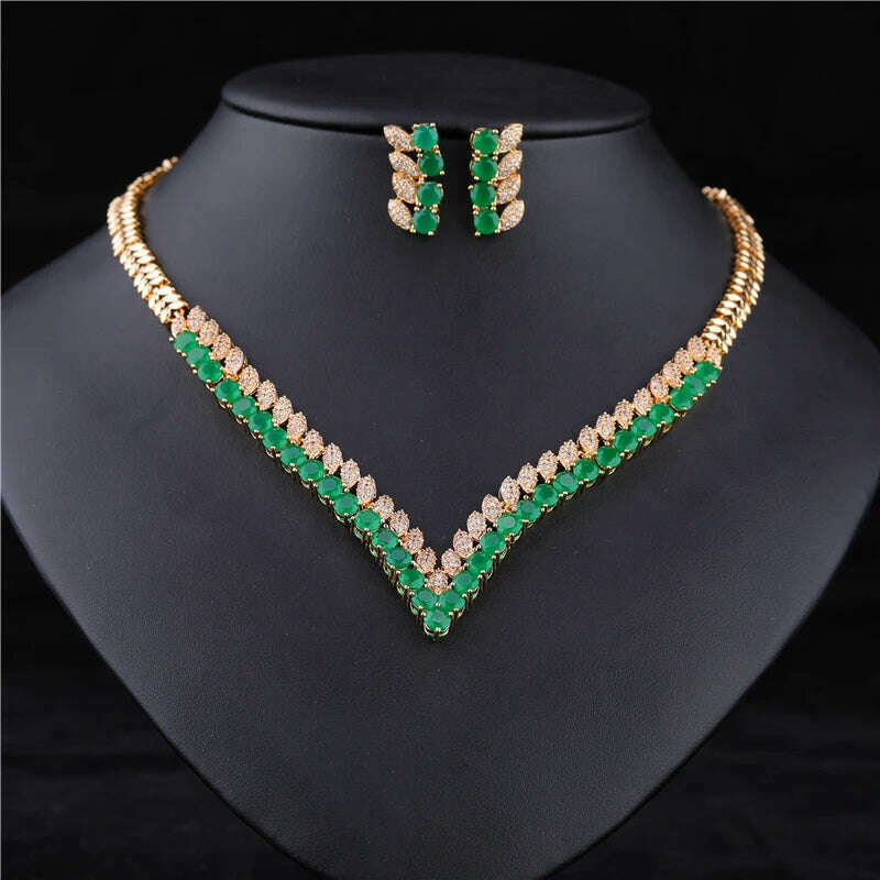 KIMLUD, HUAMI Fine Jewelry Sets White Green Gold Earrings and Necklace for Women Wedding Engaged Banquet High Quality Jewelry Lady, KIMLUD Womens Clothes