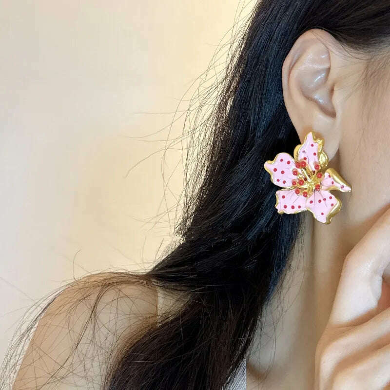 KIMLUD, HUANZHI Enamel Pink Flower Stud Earring Irregular Petal Vintage Drip Oil Elegant Sweet Jewerly Gift for Women Girls, KIMLUD Women's Clothes