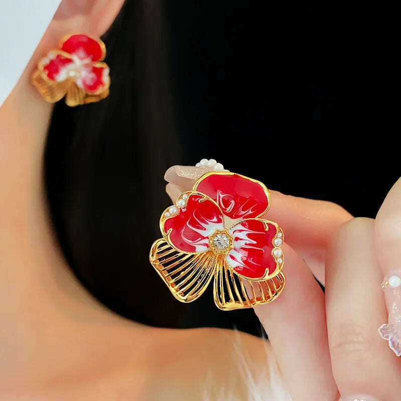 KIMLUD, HUANZHI Enamel Pink Flower Stud Earring Irregular Petal Vintage Drip Oil Elegant Sweet Jewerly Gift for Women Girls, KIMLUD Womens Clothes