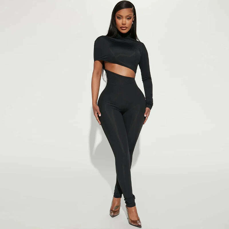 KIMLUD, Hugcitar Black Long Sleeve Asymmetrical Hollow Out Zip Up Sexy Bodycon Jumpsuit Summer Women Party Nightclub Romper Overalls Y2K, KIMLUD Womens Clothes