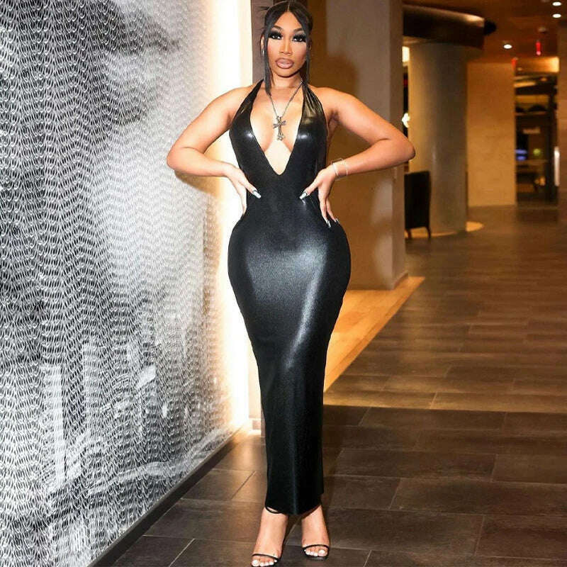 KIMLUD, Hugcitar Pu Leather Halter Sleeveless Backless Bandage Sexy Bodycon Midi Dress 2023 Summer Fashion Y2K Evening Party Club Outfit, KIMLUD Womens Clothes
