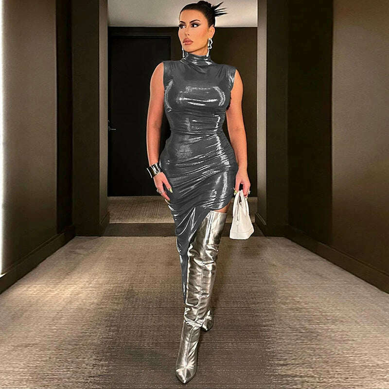 KIMLUD, Hugcitar Pu Leather Turtleneck Sleeveless Draped Slit Sexy Slim Midi Prom Dress Summer Women Elegant Birthday Party Outfit, KIMLUD Womens Clothes