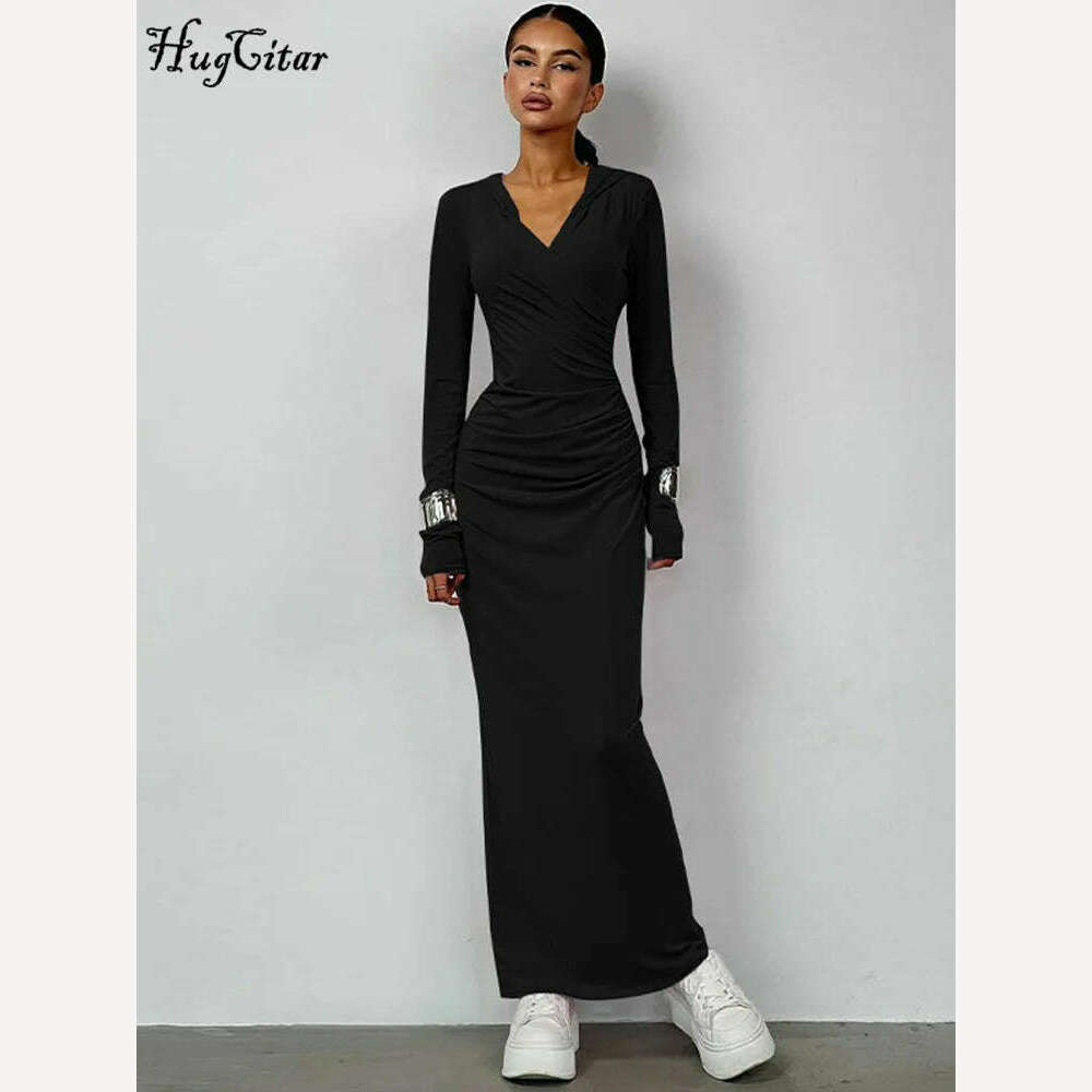 KIMLUD, Hugcitar Solid Hoodies V Neck Long Sleeve Draped Sexy Slim Maxi Dress 2023 Winter Women Fashion Y2K Outfits Streetwear Party, KIMLUD Womens Clothes