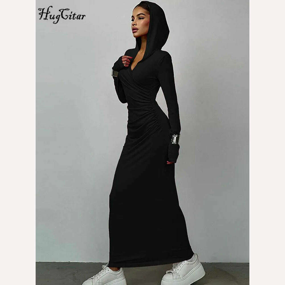 KIMLUD, Hugcitar Solid Hoodies V Neck Long Sleeve Draped Sexy Slim Maxi Dress 2023 Winter Women Fashion Y2K Outfits Streetwear Party, KIMLUD Womens Clothes